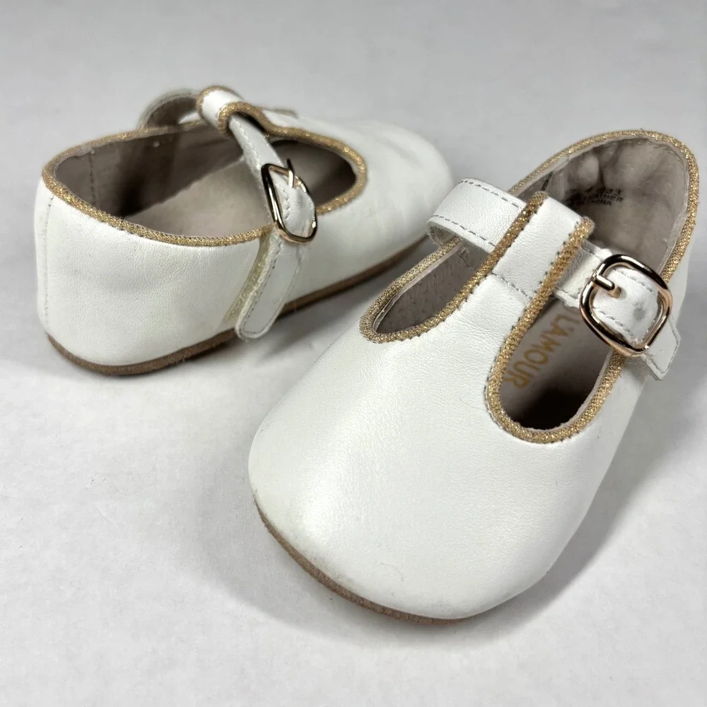 L'Amour White Leather T-Strap Toddler 4 Shoes Gold Glitter Trim 3533 GUC